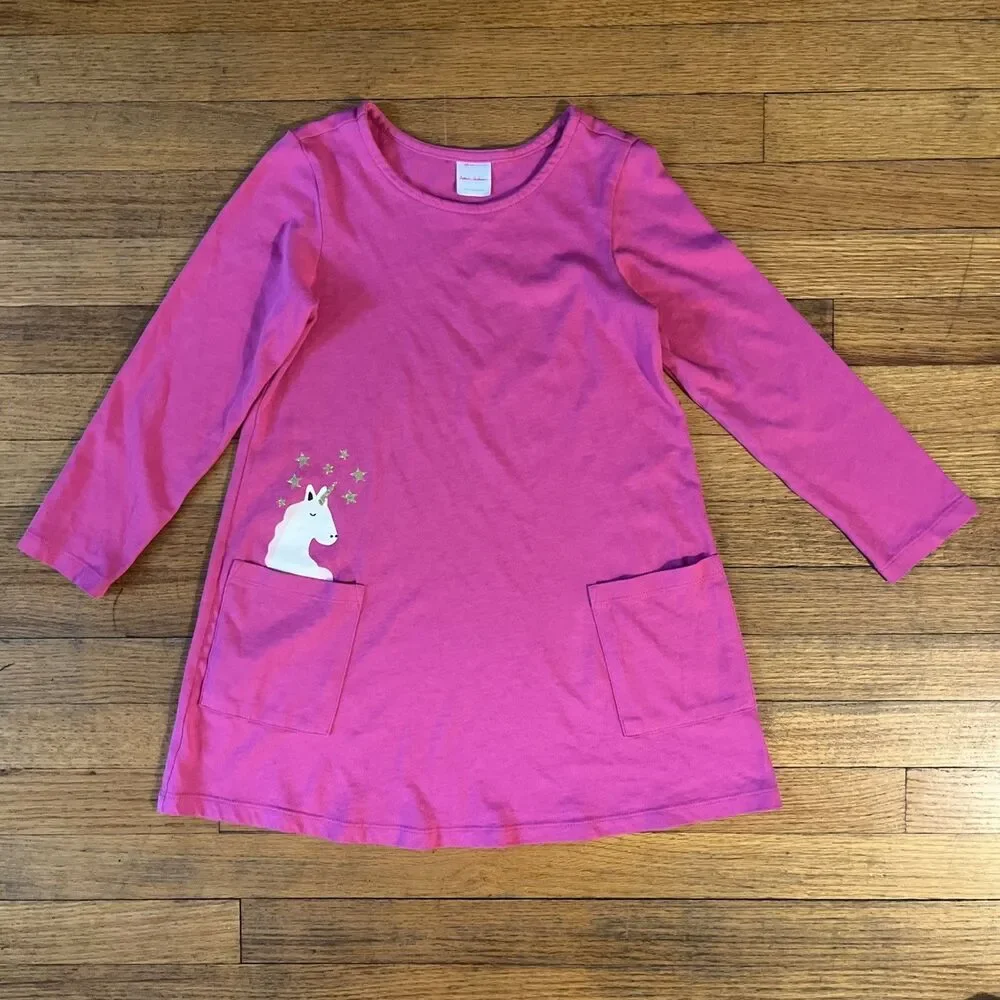 Hanna Andersson Girls Pink Long Sleeve Dress Unicorn Pocket Organic Size 6-7